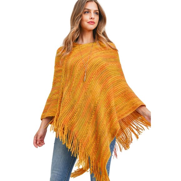 Stripe Knit Poncho with Fringe - Mustard - Picture 2 of 5